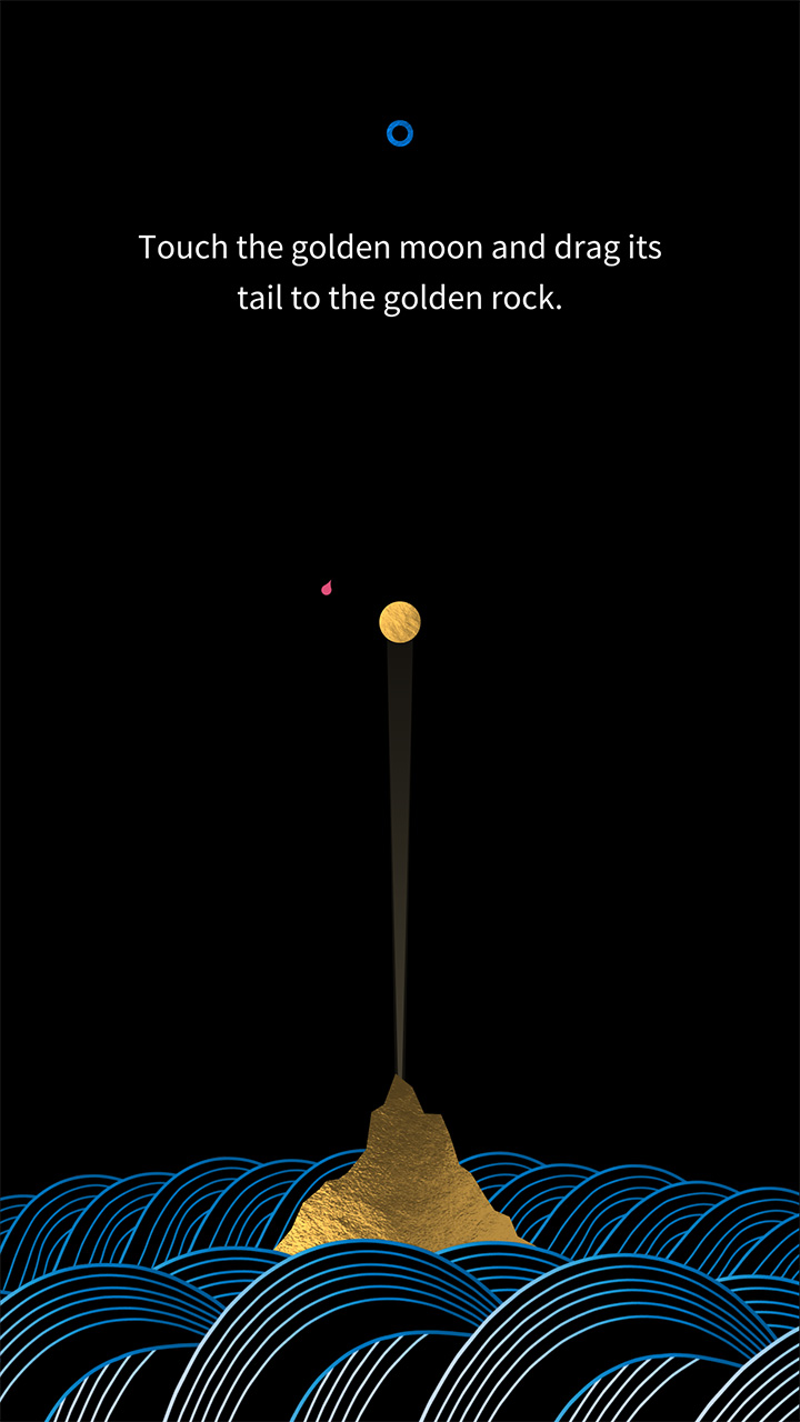 A screenshot of the first puzzle in the game SHI•RO shows a golden moon above a golden rock that emerges out of an illustrated ocean. The text above gives a brief explanation on how to use the game: 'Touch the golden moon and drag its tail to the golden rock.'