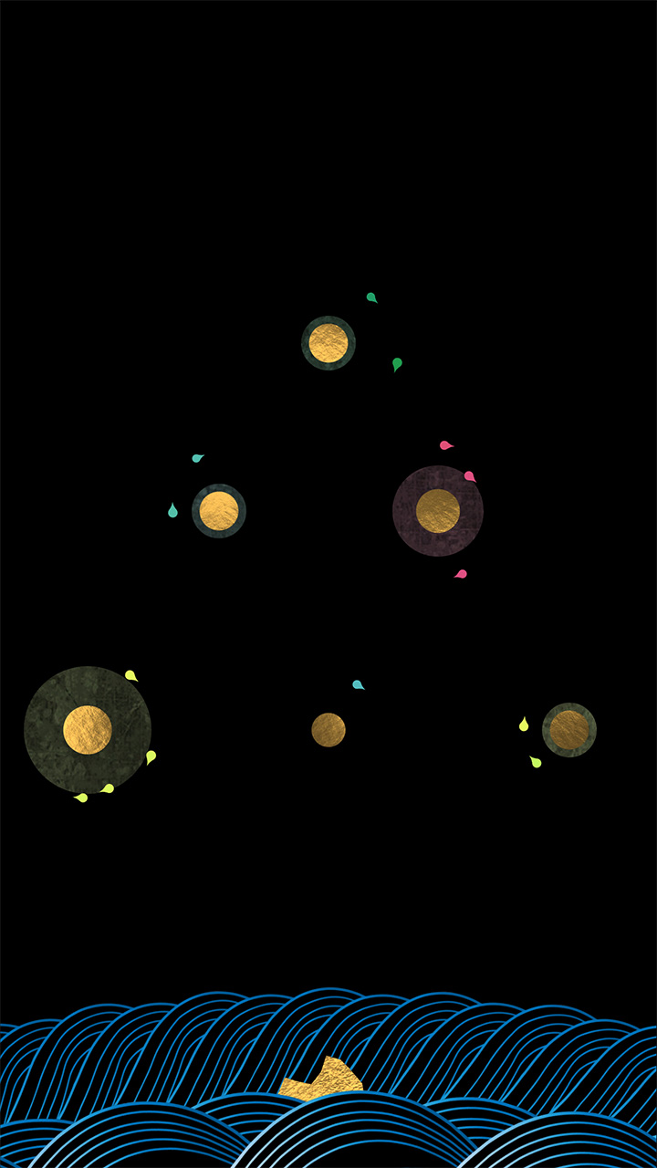 A more advanced puzzle of SHI•RO shows six moons of different sizes that are surrounded by one to four colorful droplets each. Below, the top of a golden rock shimmern through the surface of the waves of an illustrated ocean.
