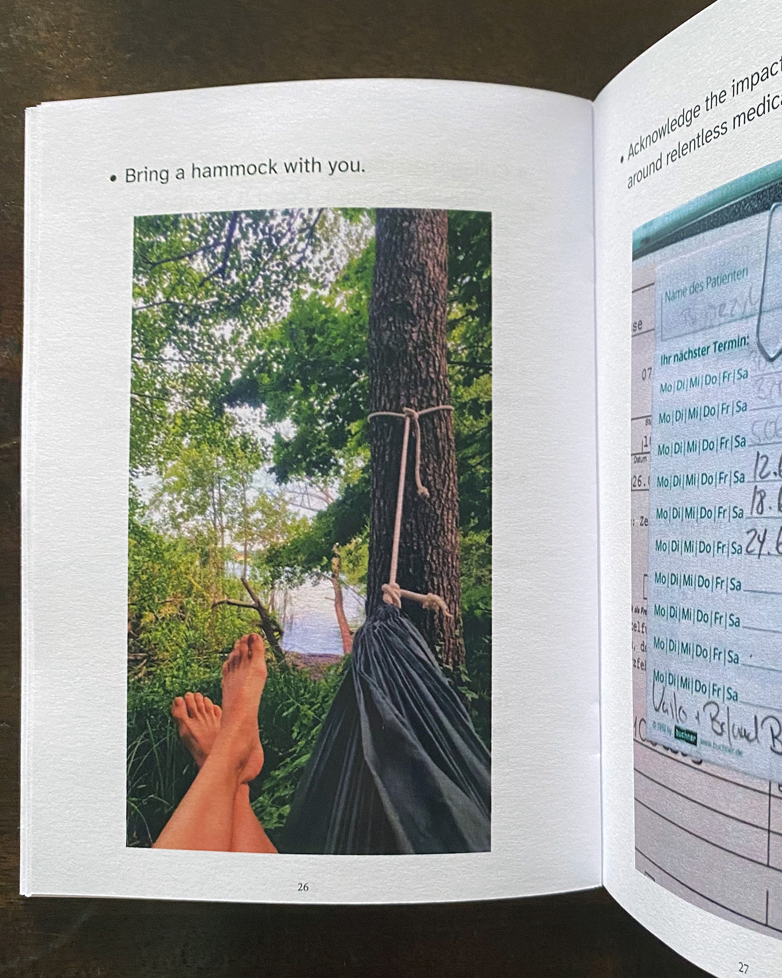 Photo of the booklet opened at a page that start with the following advice: Bring a hammock with you. Below, there is a photo taken from the perspective of a person using a hammock. They have crossed their legs, which are resting on a hammock that is fixed to the trunk of a large tree. In the background there are many leafy green trees as well as the shore of a lake.