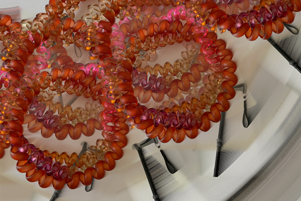 A screenshot of a p5.js creative coding sketch shows stim bracelets move in circular motions. Inbetween are rotated photos of a cane.