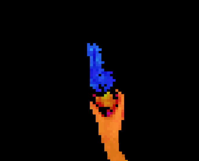 A screen recording shows a pixelated scene of a hand moving a flower closer to the camera. The background is black, with some lost pixels dancing around.