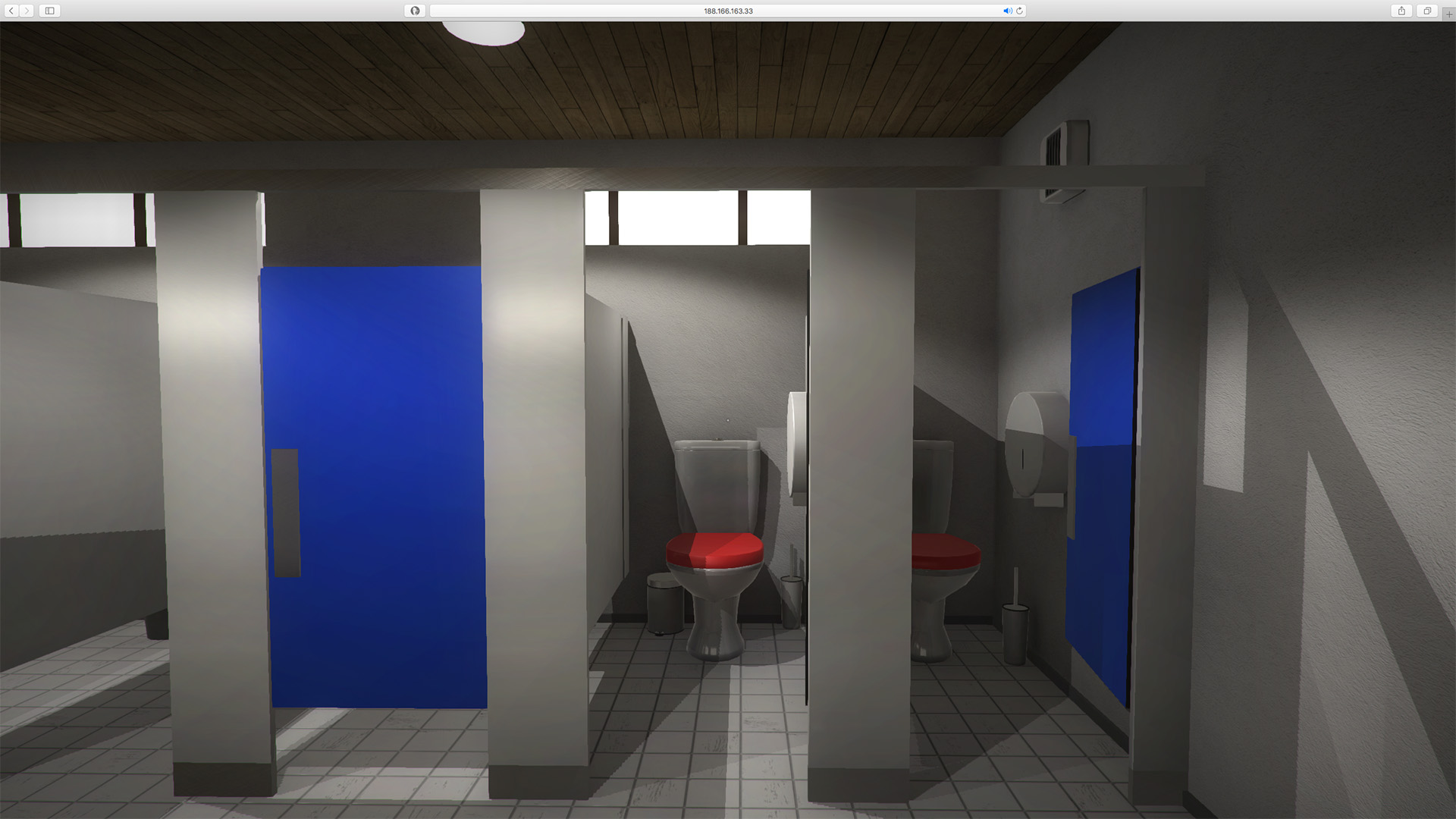 In a browser, a virtual 3D space is opened and shows a bathroom with 4 toilet cabins. While the left cabin is closed, the two right cabins are open and show closer toilets with red lids.