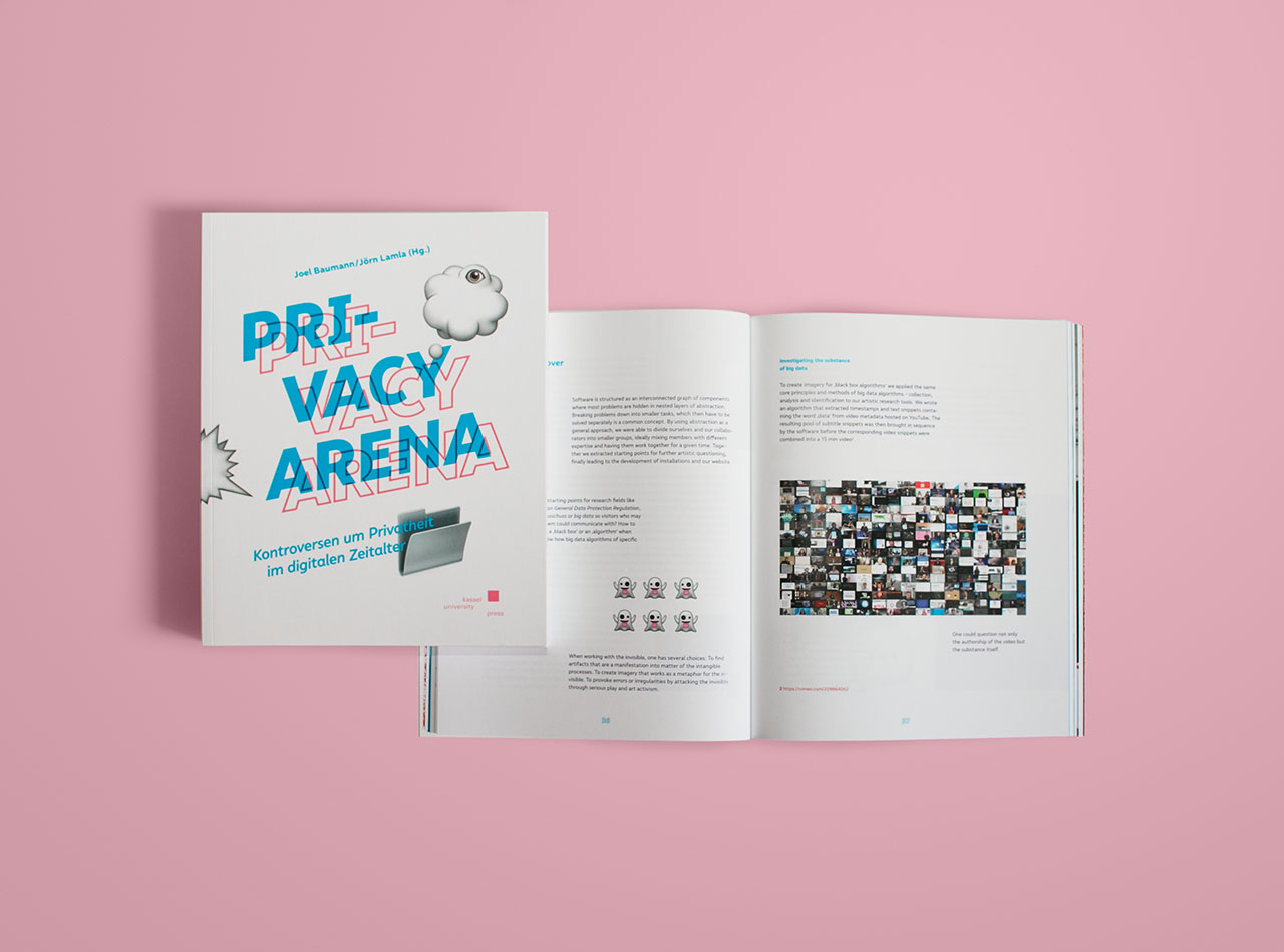 Photo of the book Privacy Arena with a closed and an opened book next to each other on a pink background. On the book cover, the title Privacy Arena is visible in blue and red hues, and emojiy such as a folder, a cloud with an eye, and a bang, are displayed around the title.