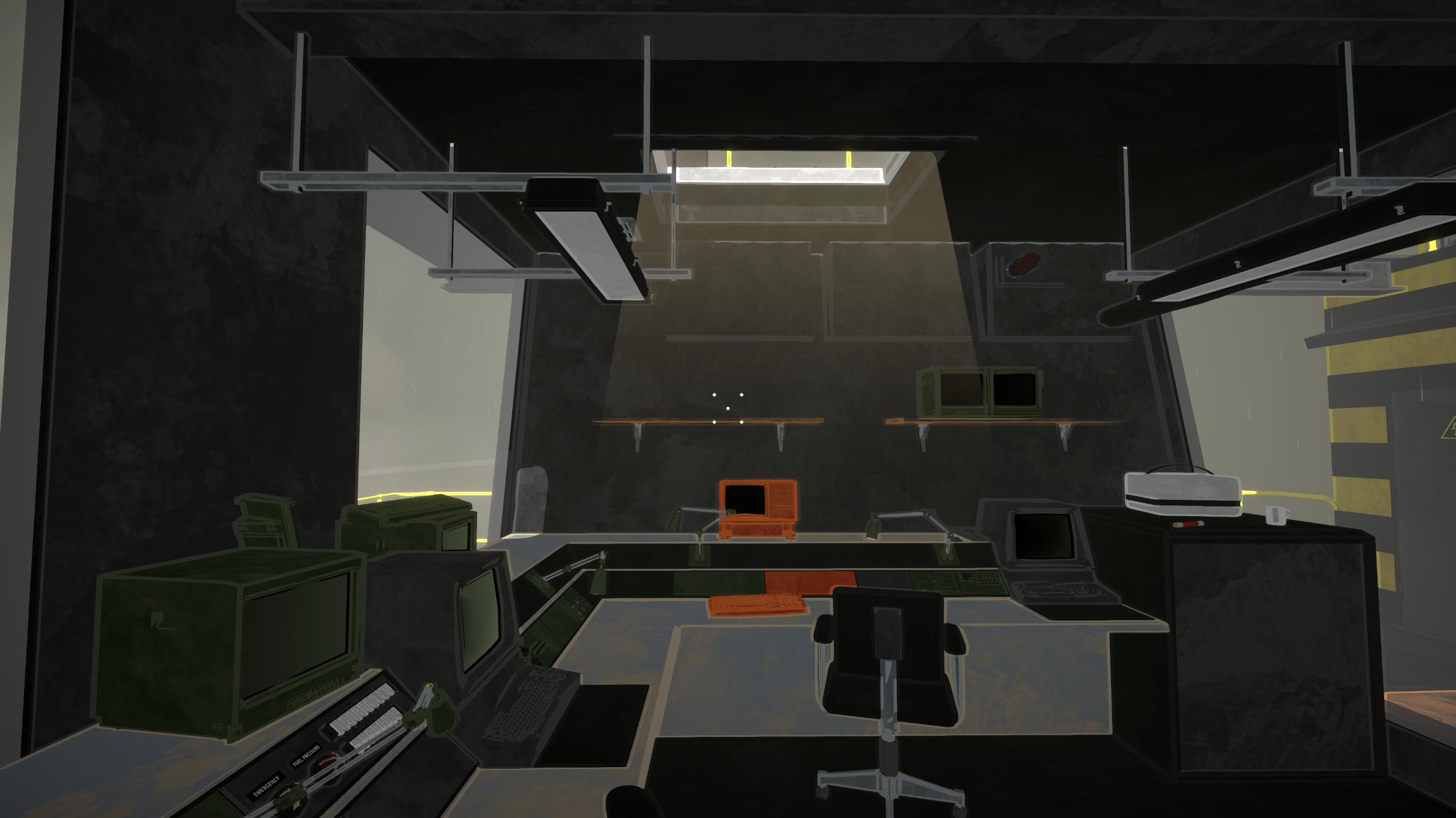 An in-game screenshot shows the rig’s radar station. Old machinery and screens are distributed across desks, and soft light falls into the small room from a ceiling window.