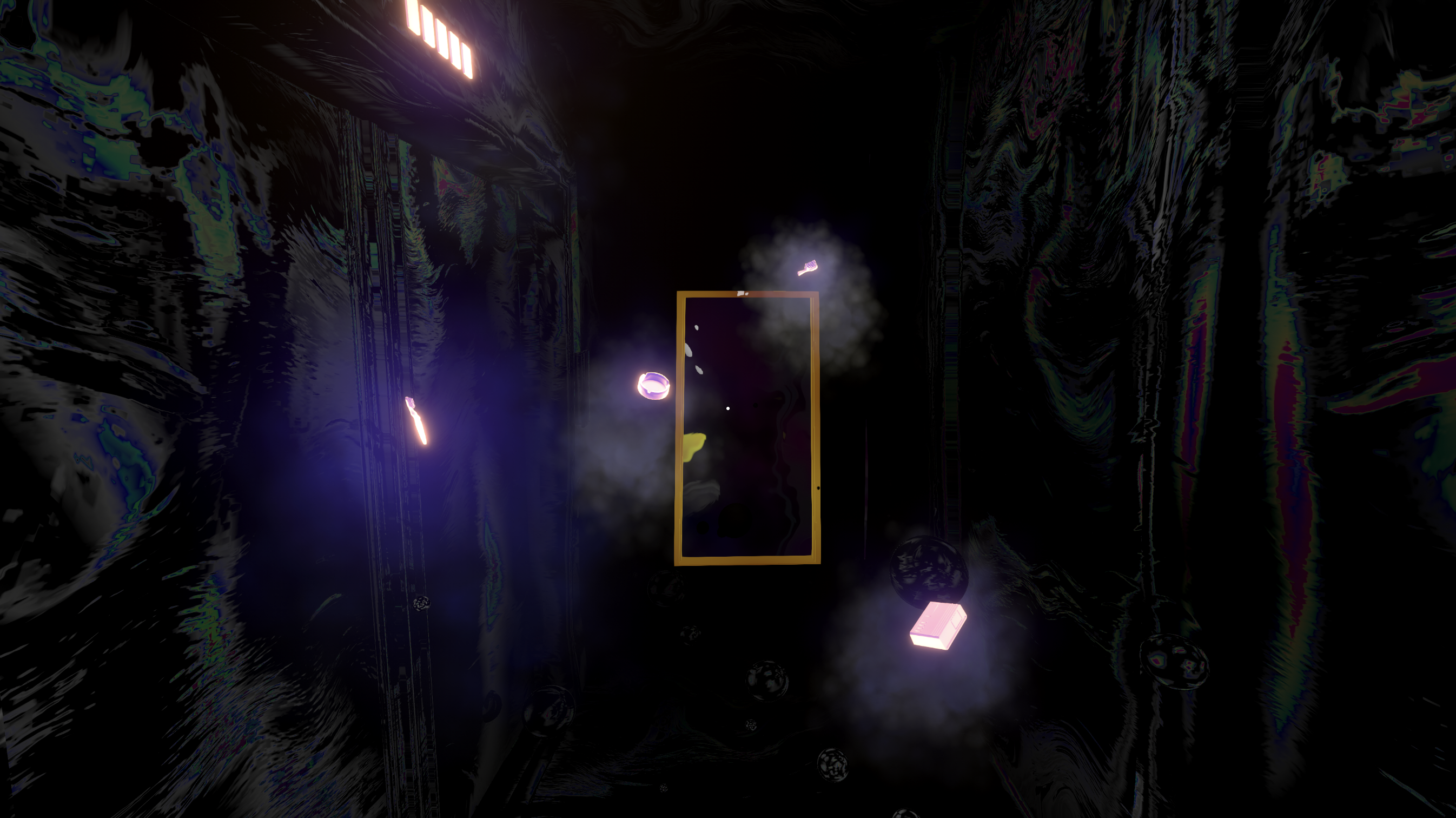 The walls, ceiling, and floor are covered by a dark, shimmering layer of petroleum. A few glowing objects float through the image as though not held by gravity – an ashtray, a comb, a toothbrush and a small box. Hind them, the outlines of a doorway can be made out.