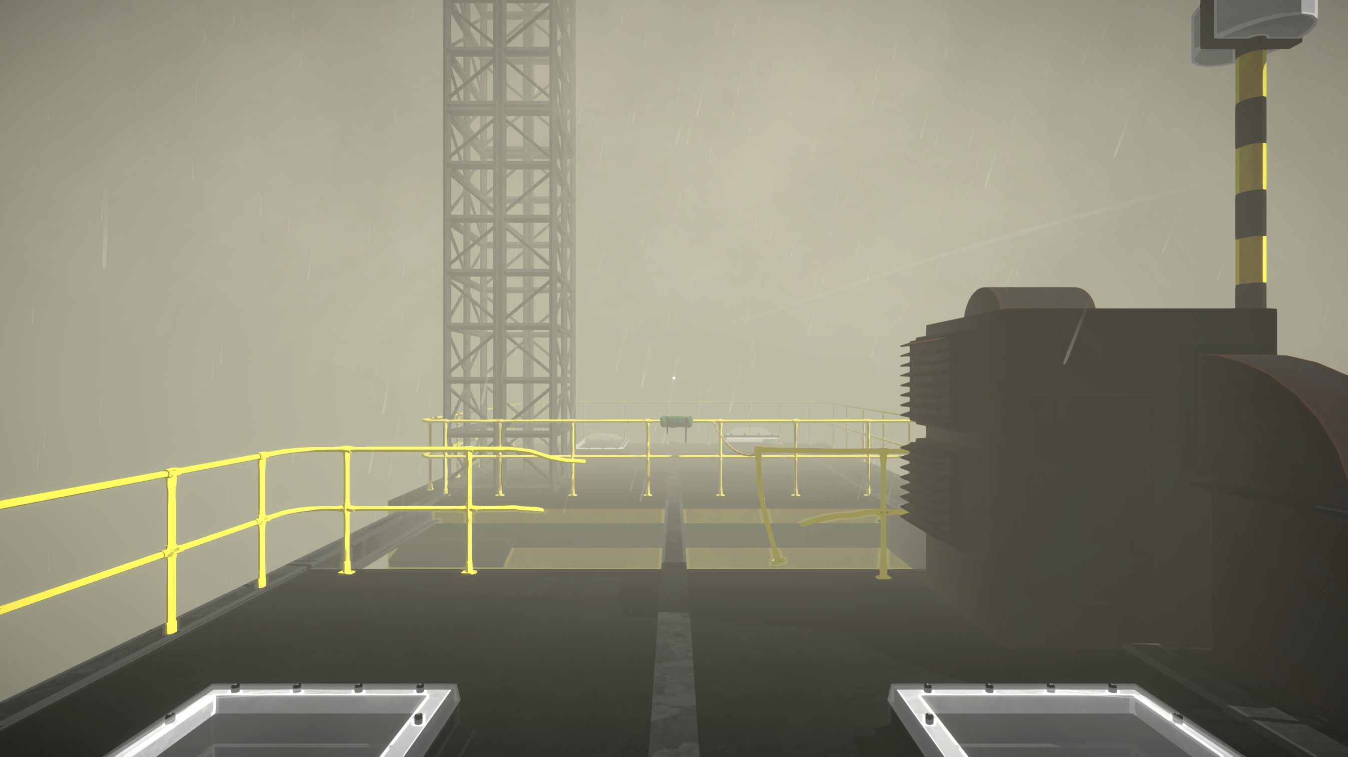 This screenshot from the game Paradigm Shell shows the roof of a building in a dense fog. In front, a yellow railing is broken open, leaving a gap for the player to balance across a beam to the other side.