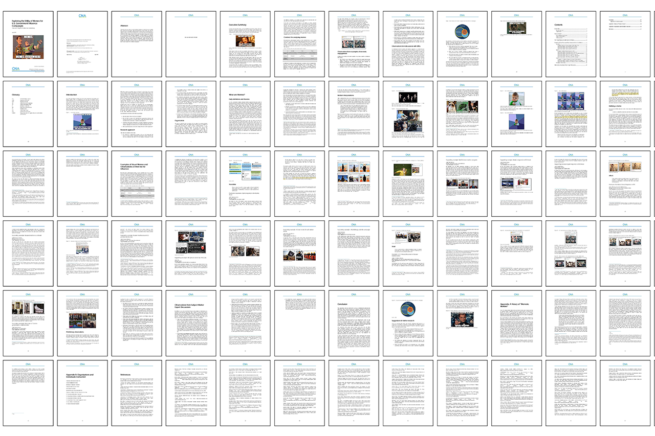 On a grid, the pages of an article are laid out page by page. This article is a report on the role of memes in US government influence campaigns that my article critiques and questions.