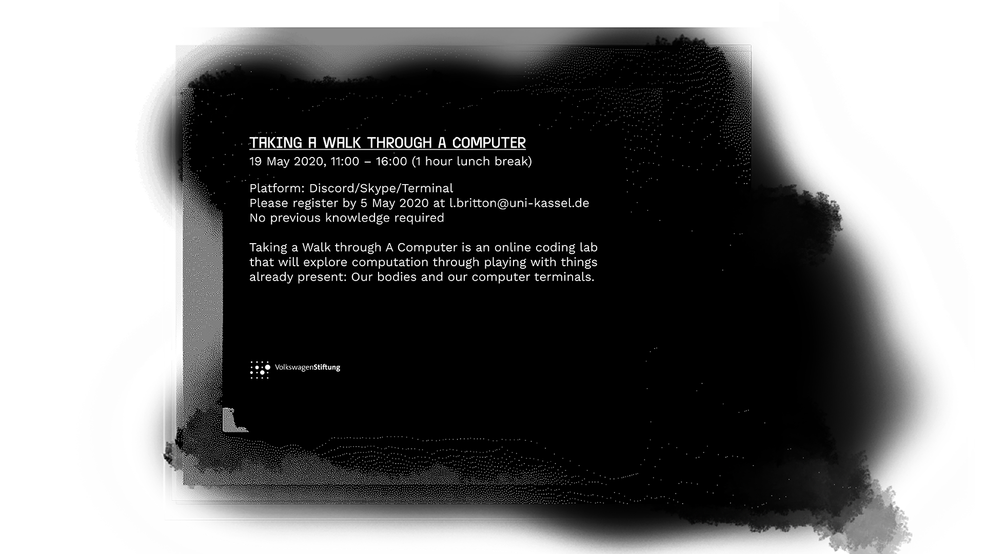 A visual announces the workshop. It looks like a terminal window on a computer, but its edges are all blurry.