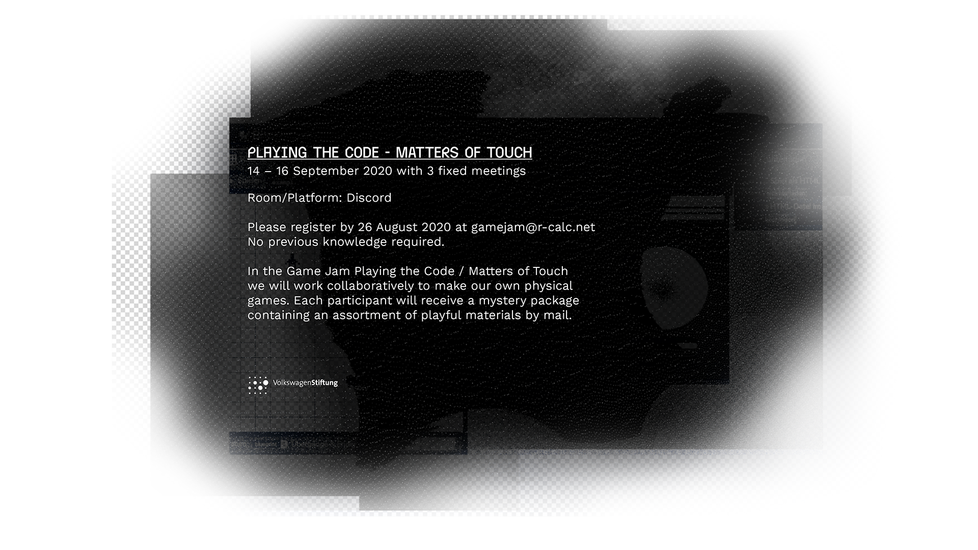 A visual announcing the game jam shows overlapping interfaces and fragments in low resolution.