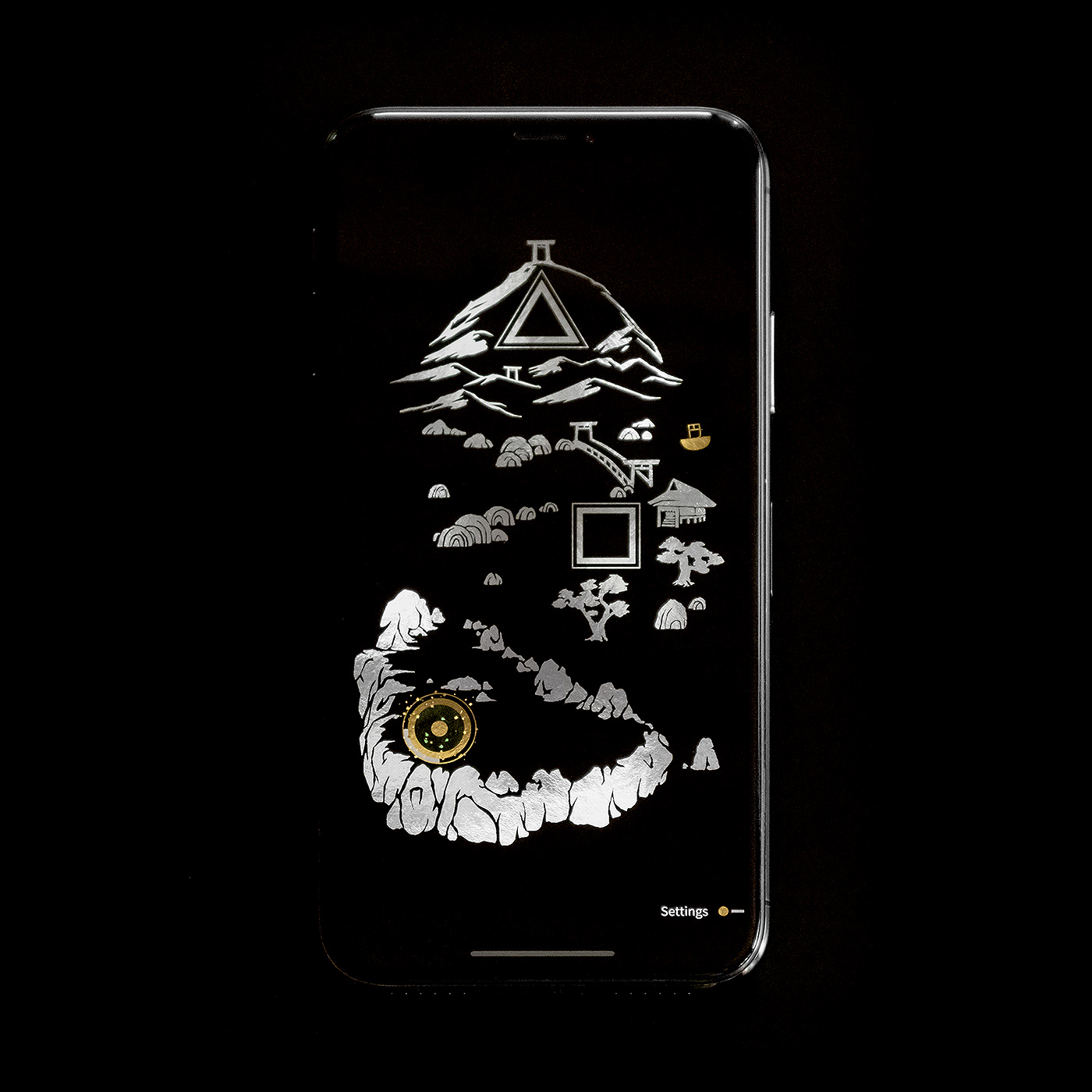 On a black background, the shimmering outlines of a smartphone can be made out. On the screen, an island appears that has three distinct areas: mountains in the top with a triangle symbol below, a foresty area with shrines that surrounds a rectangle, and a rocky coastline with a golden circel in its midst.