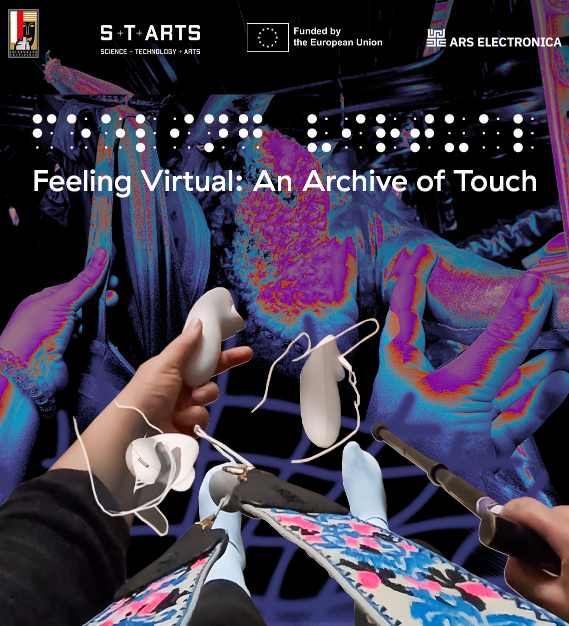 A collage brings together different images that feature hands and textures. In the front, a cut-out photo shows Iz’ perspective when looking downwards while using a VR headset. They are wearing a strap over their shoulders that two VR controllers are attached to, which allows them to use their right hand to lean onto their cane while their left hand is holding the controller intended for their right hand. The VR interface does not understand this bodily figuration and simulates outlines of virtual hands in unusual angles. Underneath, a hand-drawn wavy grid connects the scene to the background, where more hands touch costumes. The colors are tweaked in a way that object outlines disappear while surfaces and textures are enhanced, which creates an unfamiliar visuality. Above, a white text reads in braille: Feeling Virtual, and in plain text below the same with the subtitle: an archive of touch.