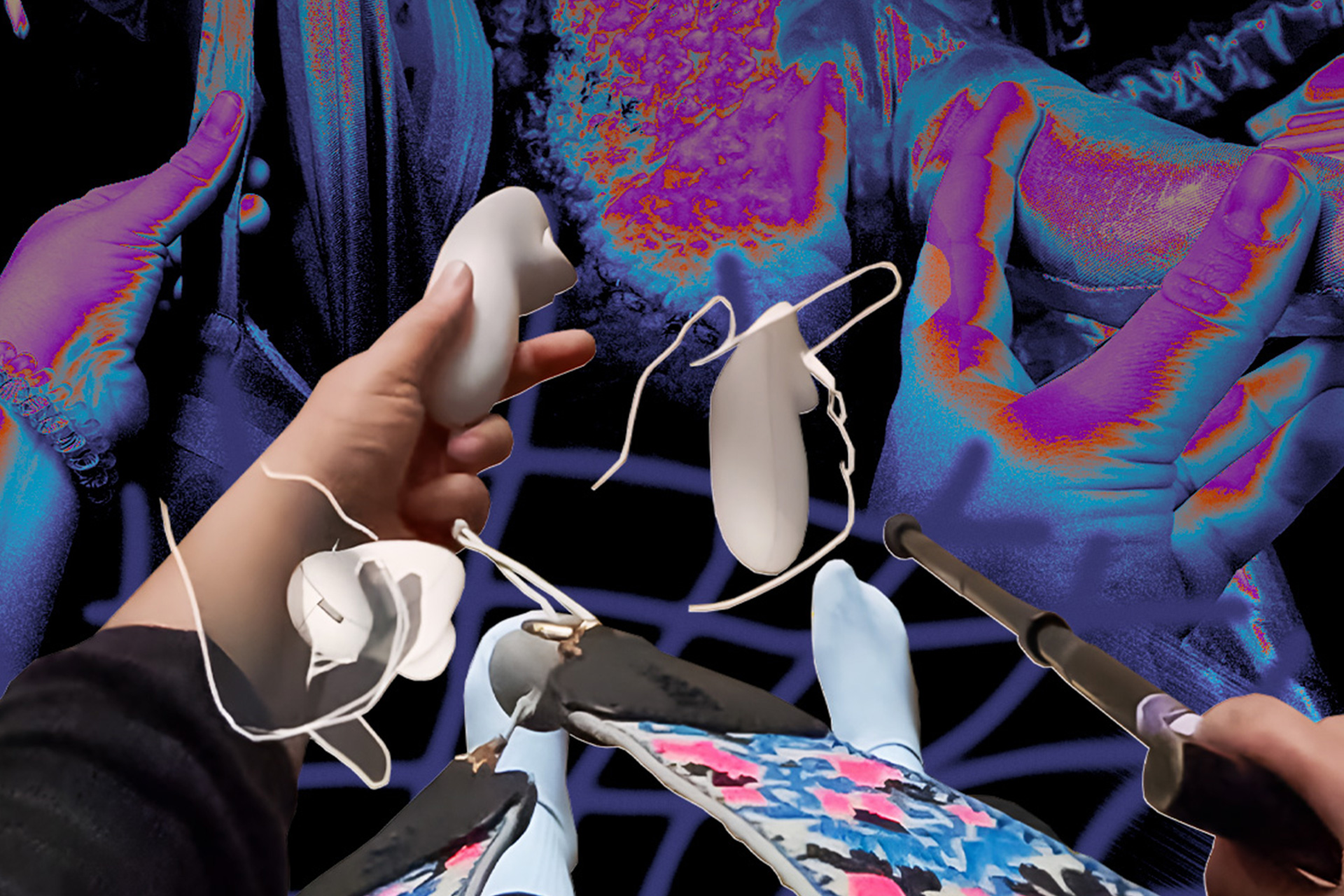 An experimental collage brings together different images that feature hands and textures. In the front, a cut-out photo shows Iz’ perspective when looking downwards while using a VR headset.