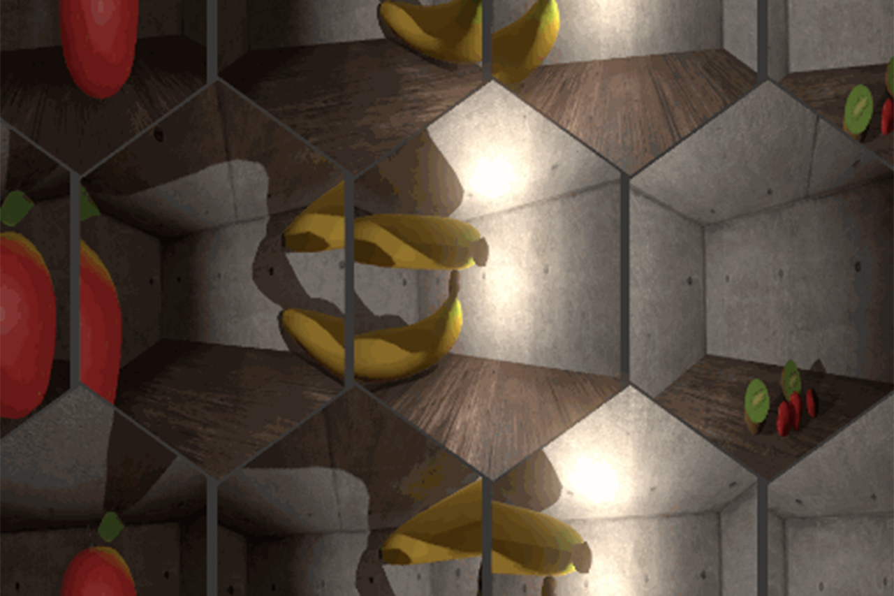 A screenshot taken from within a VR application shows 12 hexagonal tiles. Every tile has its own field of vision, meaning that each shows a slightly different angle on a simple virtual scene in which fruit are positioned in a room with concrete walls.