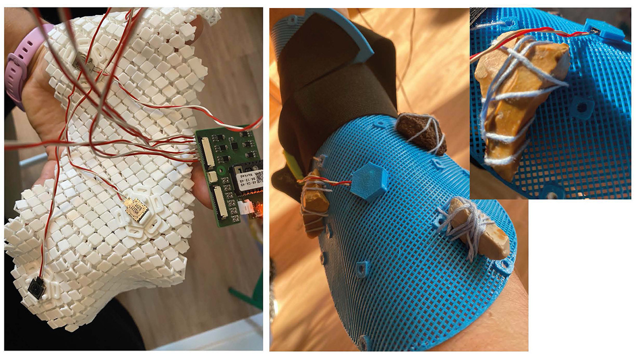A collage shows photos of prototypes of Iz’ alternative controllers. On the left photo, they are holding a controller made from 3D printed fabric into the camera, from which cables and a printed circuit board stick out. On the right, two photos show a soft controller worn on an arm. This controller is a soft 3D printed grid onto which stones are sewn.