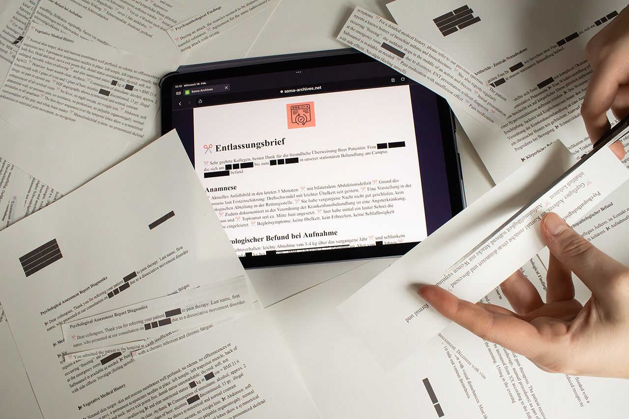 Hands cut out parts of medical letters. The letters are dispersed across the photo, with parts being blocked out. In the center, a tablet shows the website artwork Coding Weaving Medical Letters that remixes fragments of existing medical letters of different disabled and chronically ill people to create new letters.